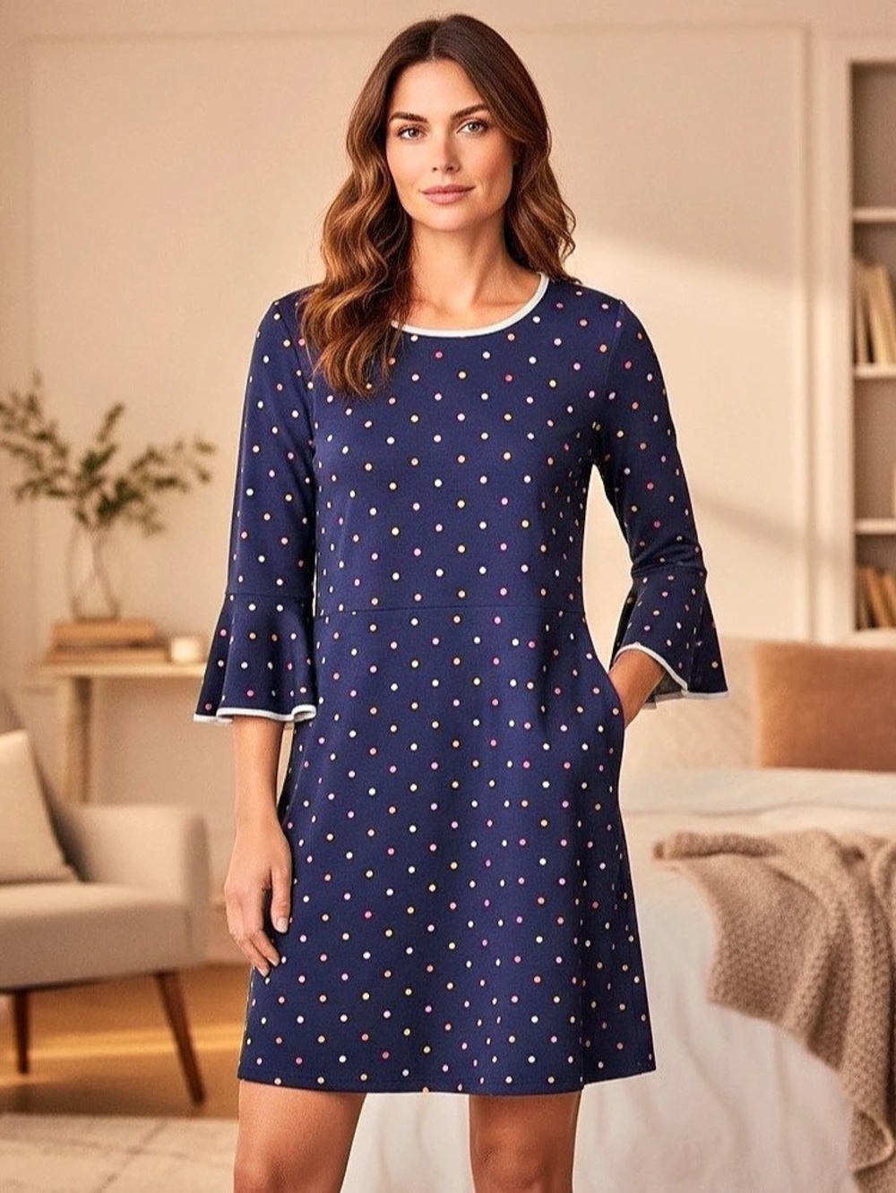 MSK Polka Dot Bell Sleeve Shift Dress Blue & Pink Medium